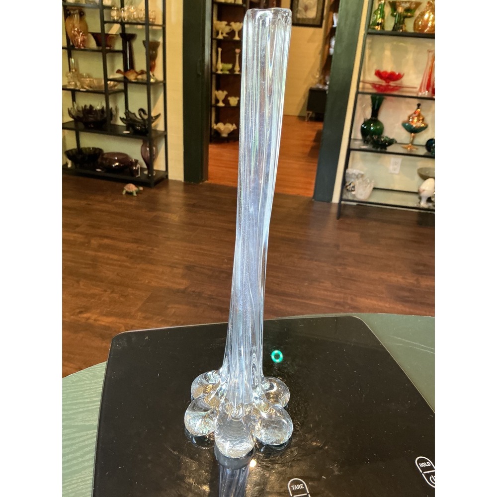 Vintage 11.5" Hand Blown Clear Glass Bud Vase Twisted Ribbed Stem Elephant Foot